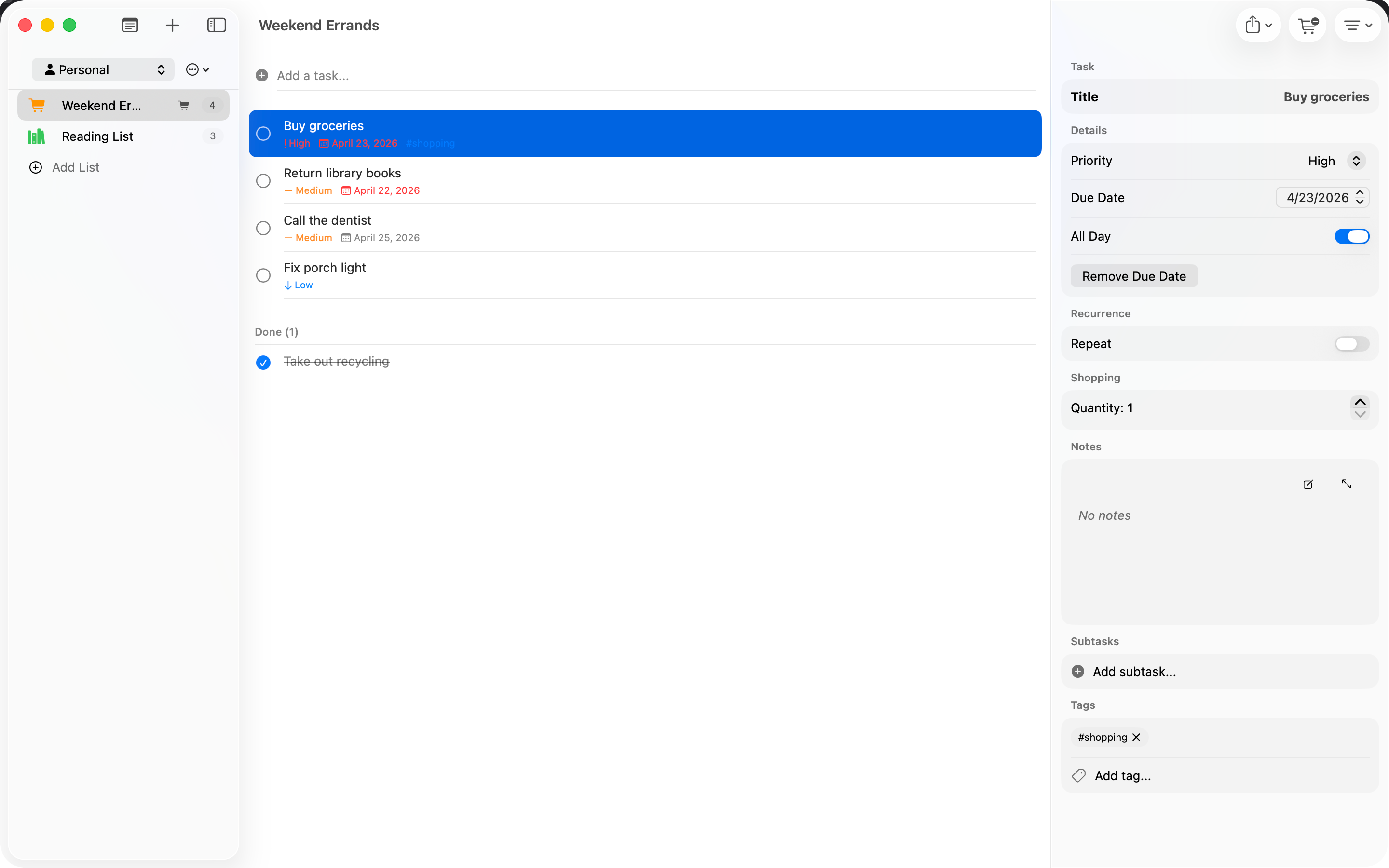 Task detail inspector on Mac